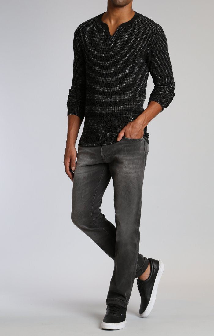 LONG SLEEVE HENLEY IN BLACK RIBBED - Mavi Jeans