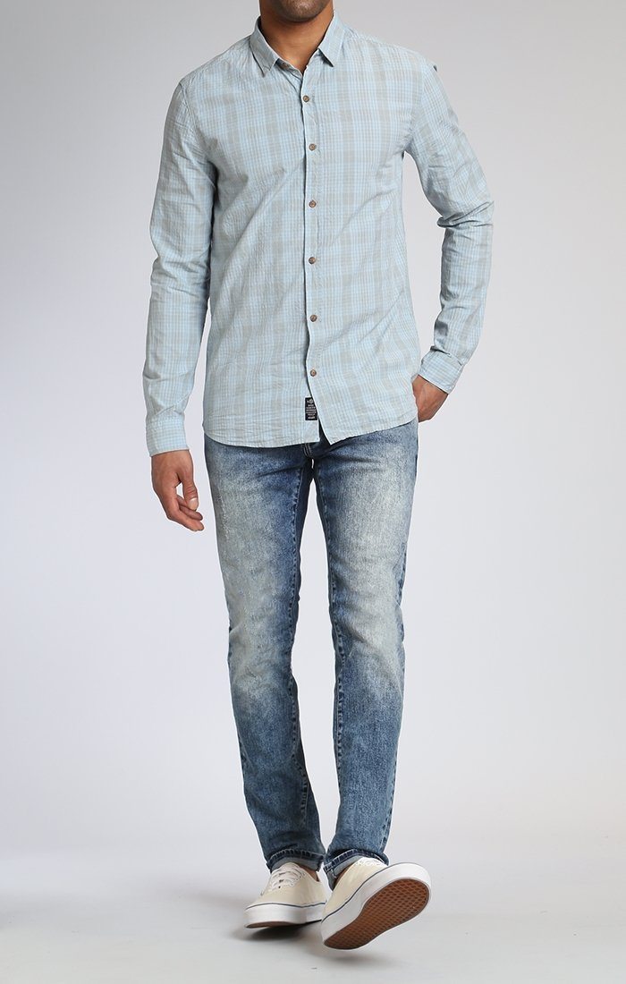 WASHED PLAID FITTED SHIRT IN SKY - Mavi Jeans