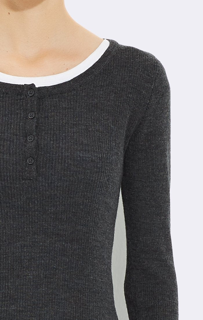 FITTED HENLEY SWEATER ANTHRACITE MELANGE - Mavi Jeans